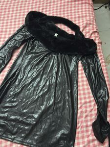 Black Faux Sexy Leather Dress with Fur Trim