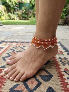 Boho Beaded Anklet - Orange & White