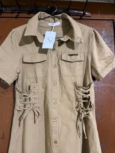 Khaki Lace-Up Detail Shirt Dress