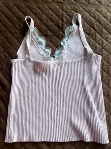 Pink Ribbed Cami with Lace Trim