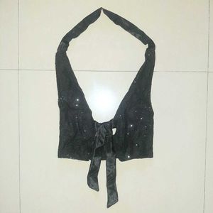 🖤 Handcrafted Black Sequin Halter Tie-Front Top