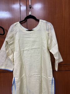 Stylish Cream &amp; Blue Cotton Kurta hand painted