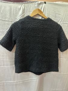 Black Korean Aesthetic Woollen Crop SweatShirt
