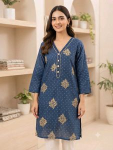 Blue Embroidered Kurta with V-Neck💙
