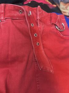 Red Denim Mini Skirt with Belt