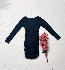 Black Gathered/Ruched Bodycon Dress