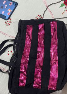 Sparkly Black  Bag with Pink Stripes