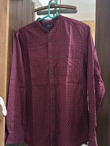 Men's Burgundy Printed Mandarin Collar Shirt