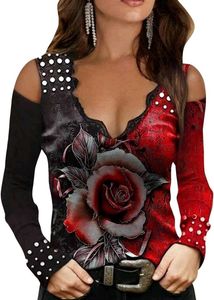 Women's Rose Print Cold Shoulder Top