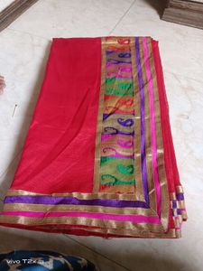 Vibrant Red Saree with Colorful Border