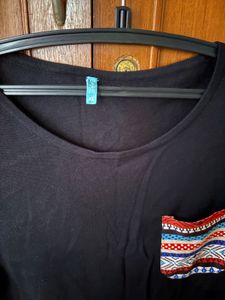 Black Long Sleeve Top with Tribal Print Pocket