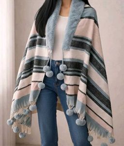 Striped Scarf with Pom-Poms
