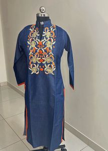 Denim Kurta with Floral Embroidery