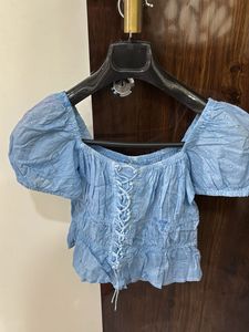 Blue Puff Sleeve Lace-Up Crop Top