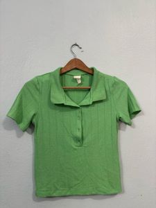 H&M Green Ribbed Polo T-Shirt