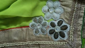 light green saree with white worked patch and golden lace with stitched blouse💚