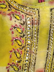 Yellow Kurta Set with Embellished Neckline