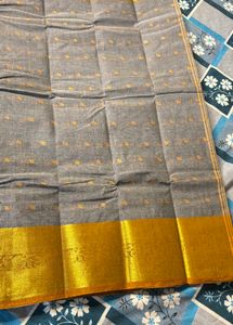 Grey Cotton Tant Saree with Golden Border