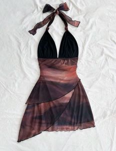 Abstract print halterneck mini dress