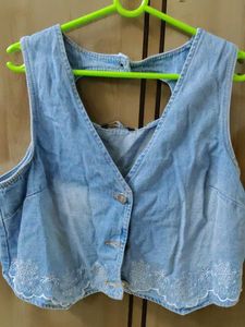 Light Wash Denim Vest with Embroidery