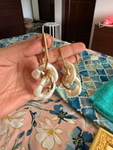 Chunky White &amp; Gold Drop Earrings