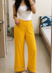 Yellow Wide Leg Textured Pants