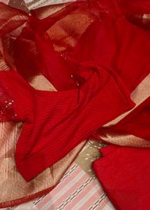 New Vibrant Red Saree with Gold Border