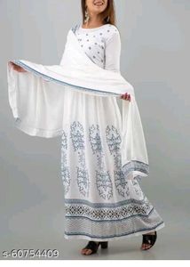 White Printed Anarkali Kurta with dupatta