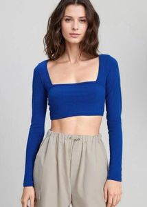 Blue Square Neck Long Sleeve Crop Top