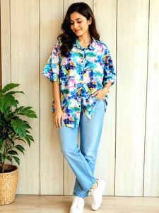 Vibrant Abstract Print Oversized Shirt-Size-50