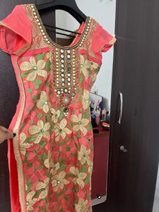 Peach Kurta Pant Set With Mirror Work
