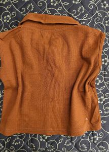 Rust Ribbed Collared Crop Top