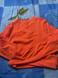 Orange Cropped Long Sleeve Top with Flower
