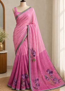 vintage half Pink Floral Print Saree