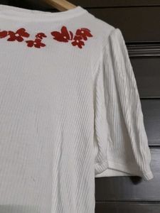 HEY White Puff Sleeve Ribbed Floral Embroidery Top