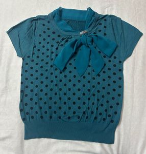 Teal Polka Dot Knit Top with Bow