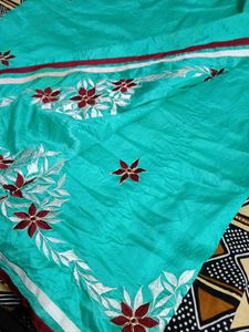 Beautiful Teal Saree with Floral Embroidery