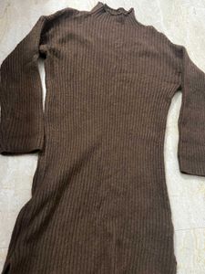 Brown Ribbed Knit Midi Dress