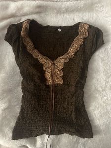 Brown Lace Trimmed Ruched Top