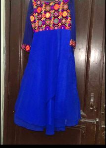 Blue Embroidered Dress high low fulkari