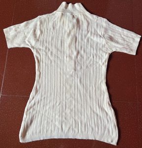 Cream Ribbed Polo Neck Top