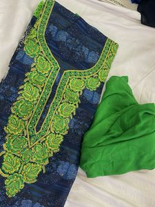 Embroidered Blue Kurta with Green Dupatta