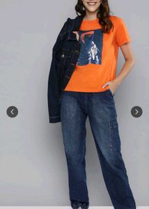 women New Orange T-Shirt with Sailboat Graphic🧡