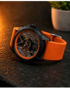 shree Ram Striking orange &amp; Black Skeleton watch