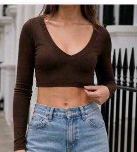 Stylish Brown V-Neck Crop Top size m