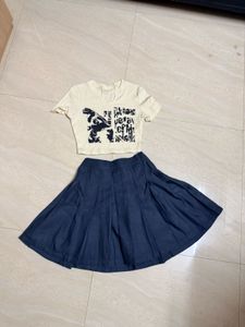 Graphic Print Crop Top & Denim Skirt Set