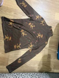 Brown Teddy Bear Print Turtleneck Top