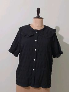 Black Textured Peter Pan Collar Blouse