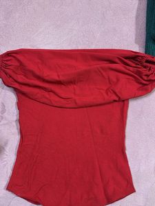 Zara Red Off-Shoulder Ruched Sleeve Top