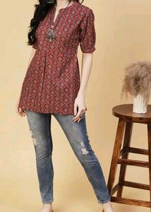 Mandarin Collar Maroon Cotton Tunic